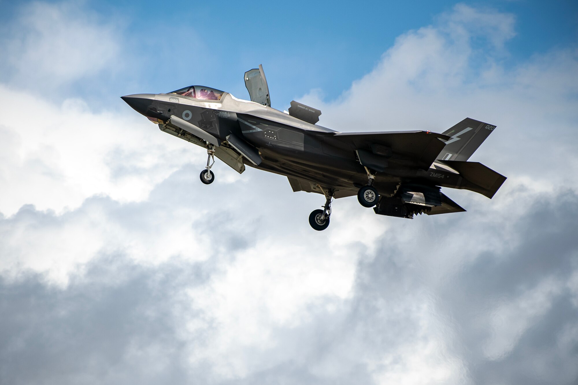 A Royal Air Force F-35B conducts an aerial demonstration during the 2023 Royal International Air Tattoo at RAF Fairford, England, July 15, 2023. Throughout RIAT, several nations exhibited their air power and capabilities for thousands of spectators helping inspire the next generation of aviation. (U.S. Air Force photo by Staff Sgt. Eugene Oliver)