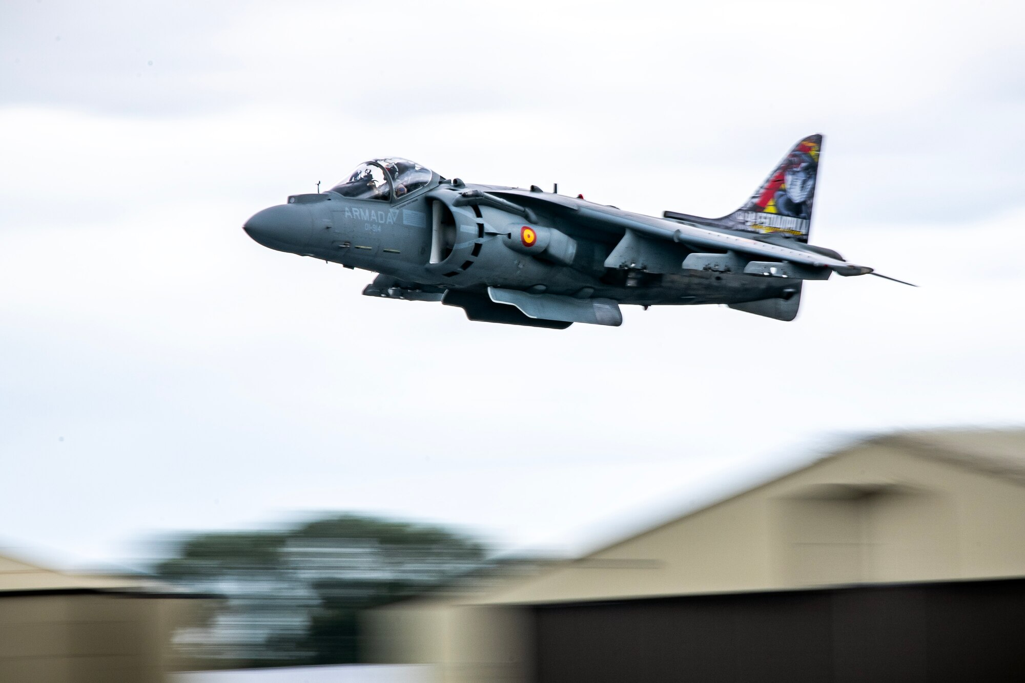 A Spanish Air Force EAV-8B Harrier II performs an aerial demonstration during the 2023 Royal International Air Tattoo at RAF Fairford, England, July 16, 2023. Throughout RIAT, several nations exhibited their air power and capabilities for thousands of spectators helping inspire the next generation of aviation. (U.S. Air Force photo by Staff Sgt. Eugene Oliver)