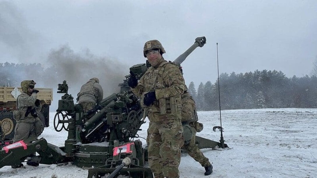 MAJ. GEN. Paul Knapp, Wisconsin's adjutant general, observes Battery C of the Wisconsin Army National Guard's 1st Battalion, 120th Feild Artillery Regiment, during a fire mission Jan. 24 as part of Northern Strike 23-1, at Camp Grayling, Mich. The 120th Field Artillery is building readiness by conducting cold-weather training designed to meet objectives of the Department of Defense's arctic strategy. Wisconsin National Guard photo.