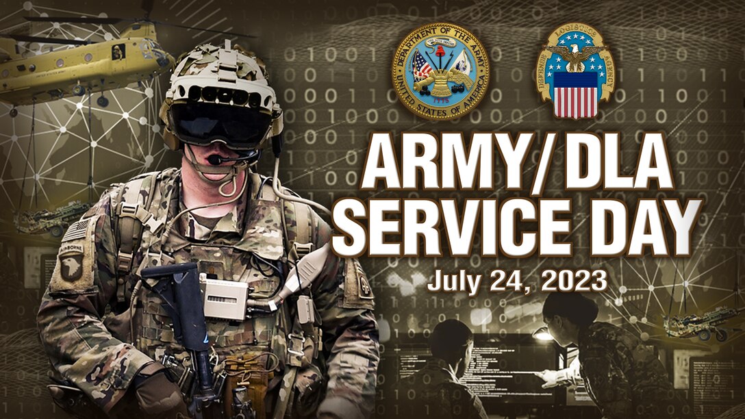 Graphic with text, Army and DLA logos and a soldier wearing gear