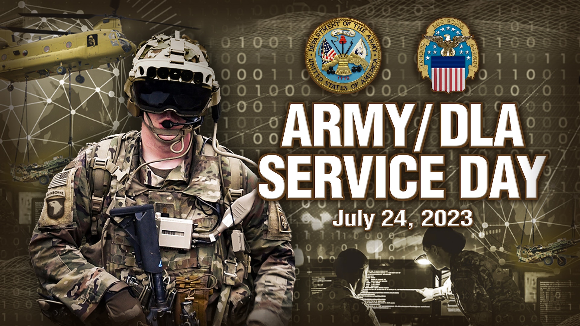 Graphic with text, Army and DLA logos and a soldier wearing gear