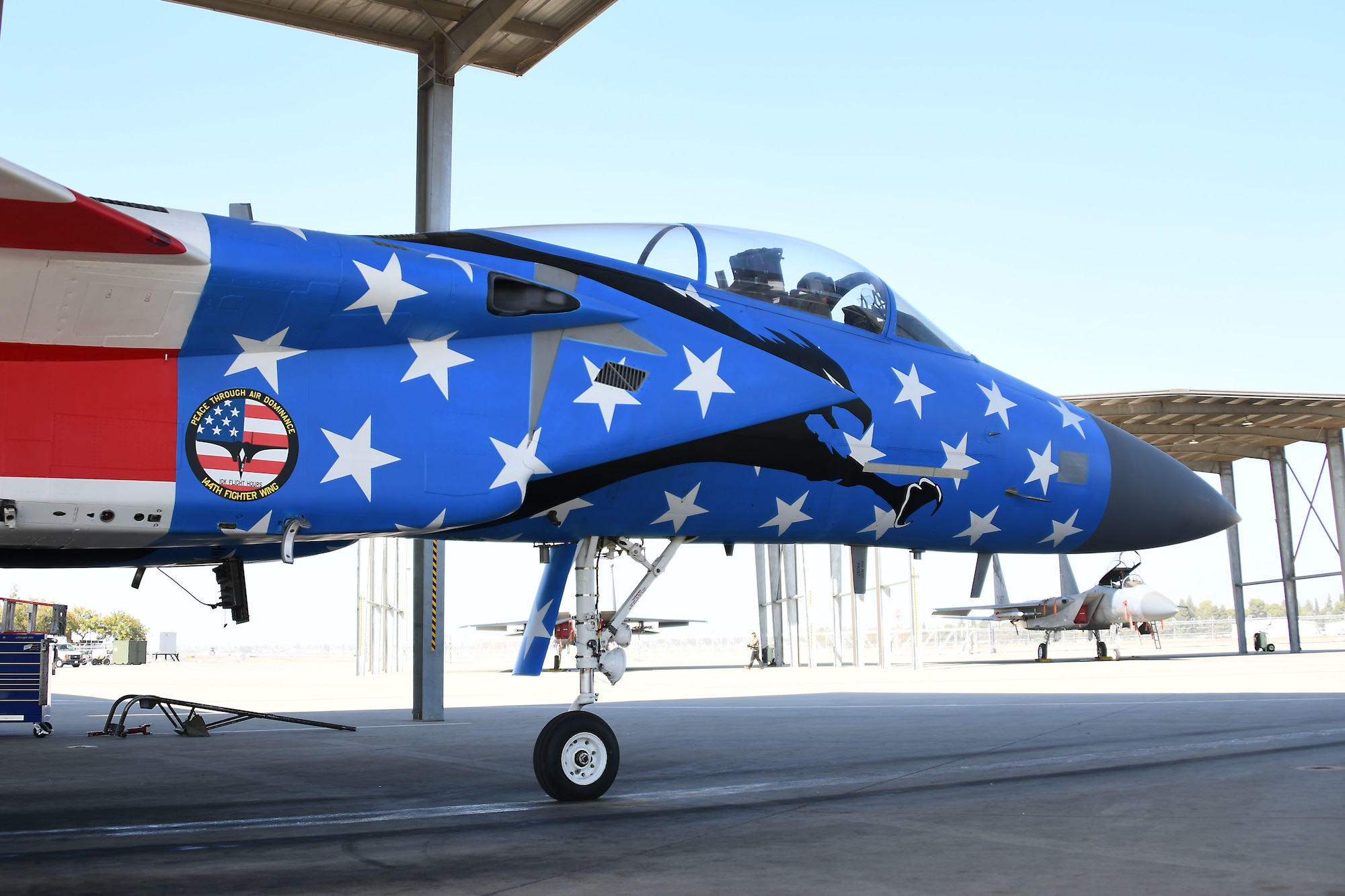 Fighter aircraft is parked in bay with a pilot in the cockpit. The unique paintjob shows white stars with a blue background over the fuselage of the aircraft.