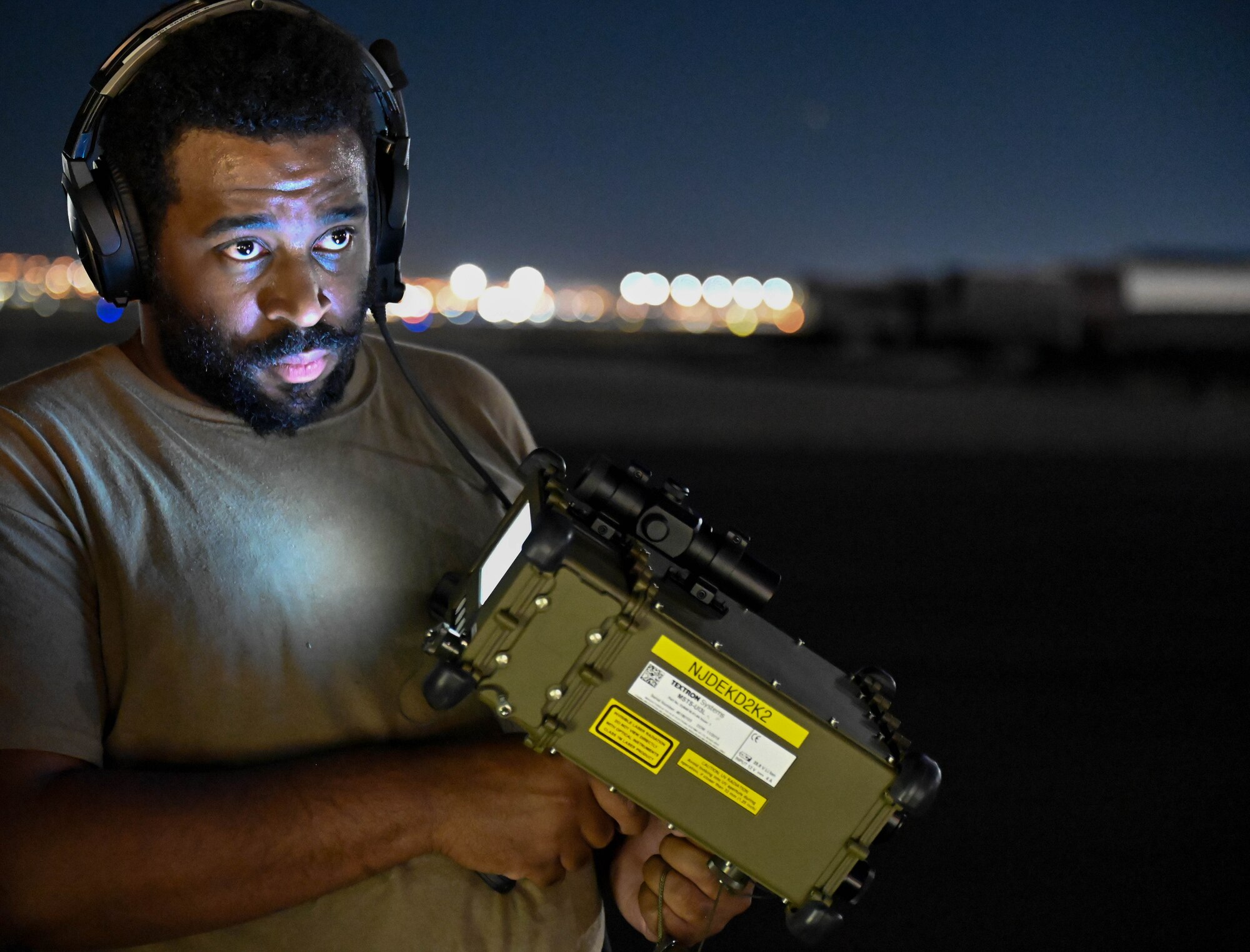 U.S. Air Force Staff Sgt. Malik Williams, 87th Electronic Warfare Squadron COMBAT SHIELD avionics electronic warfare journeyman, prepares to conduct a missile systems operations check during Red Flag 23-3 at Nellis Air Force Base, Nev., July 14, 2023. The 87th EWS participated in Red Flag 23-3 as part of COMBAT SHIELD, an assessment of the Combat Air Force’s platforms to evaluate electronic warfare readiness. (U.S. Air Force photo by Capt. Benjamin Aronson)
