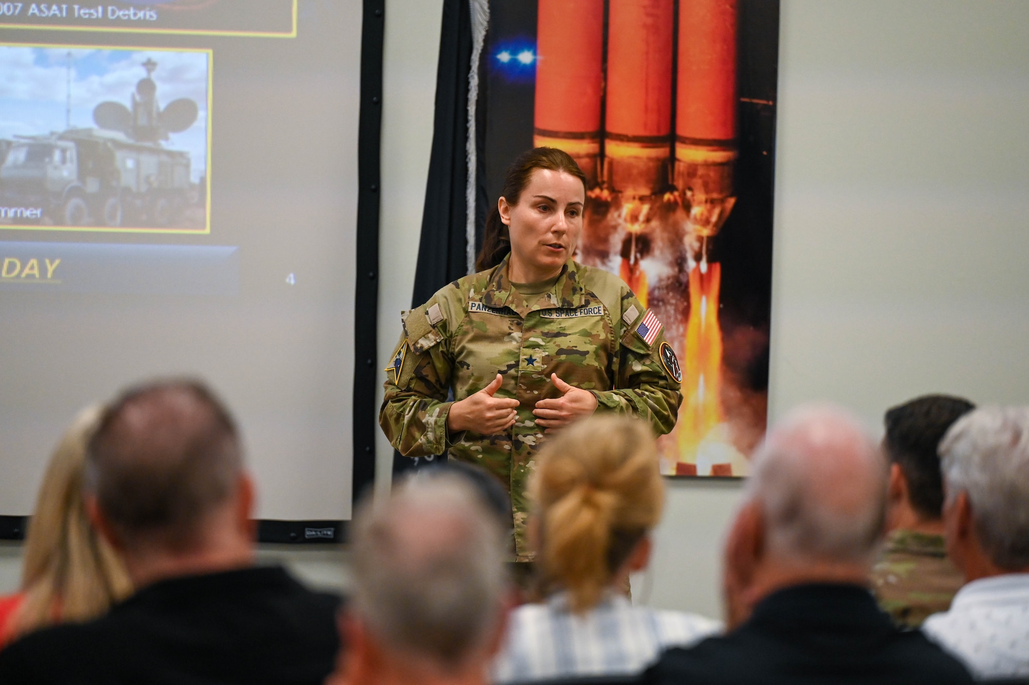 U.S. Space Force Brig. Gen. Kristin Panzenhagen, SLD 45 commander briefs civic leaders on Space Launch Delta 45’s mission during a tour at Patrick Space Force Base, Florida, July 20, 2023. The Air and Space Forces civic leaders are unpaid advisors, key communicators, and advocates for Department of the Air Force issues. (U.S. Space Force photo by Senior Airman Samuel Becker)