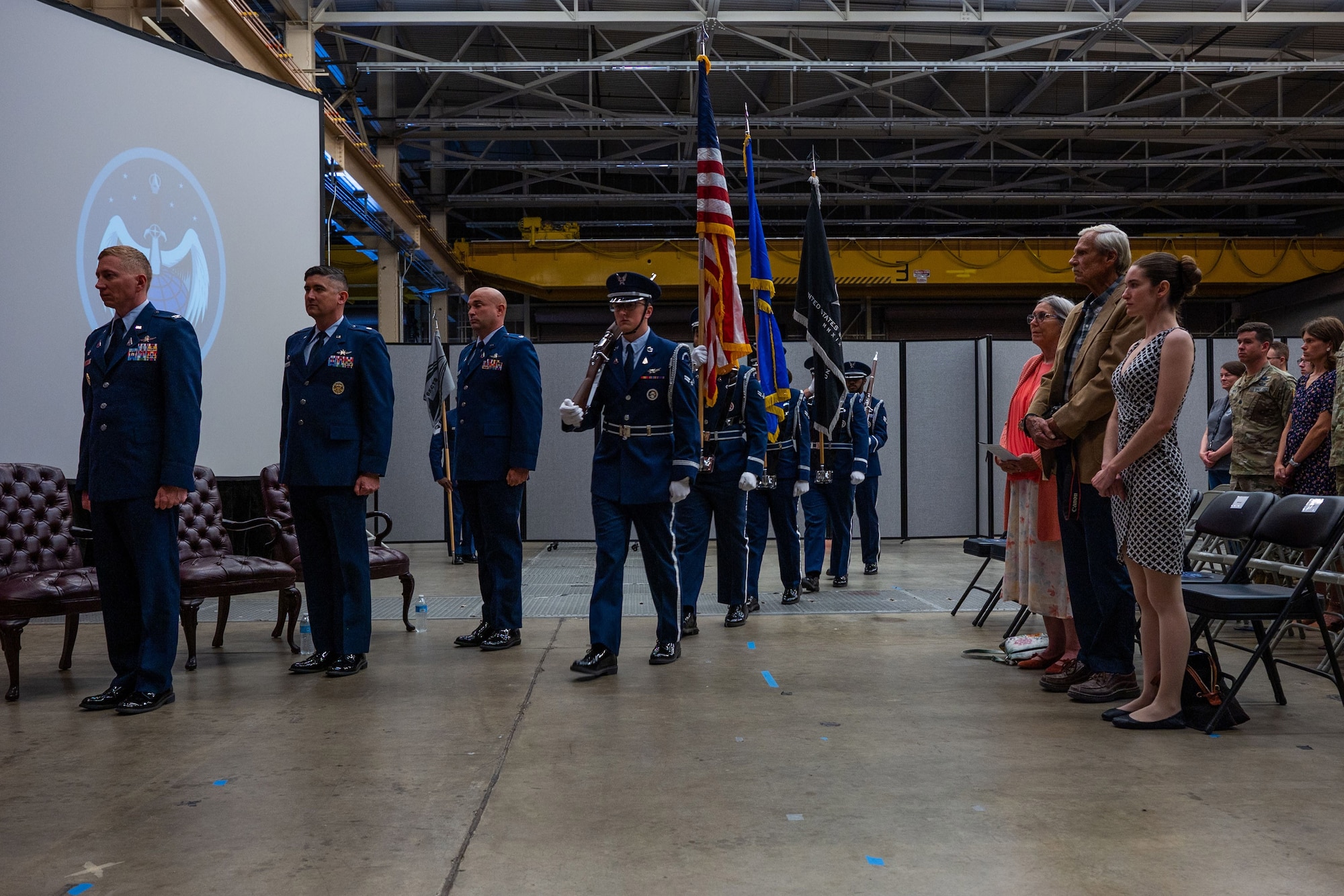 The Vandenberg Honor Guard team presents the colors at the beginning of the 65th Cyberspace Squadron change of command ceremony at Vandenberg Space Force Base, Calif., July 21, 2023. (U.S. Space Force photo by Tech. Sgt. Luke Kitterman)