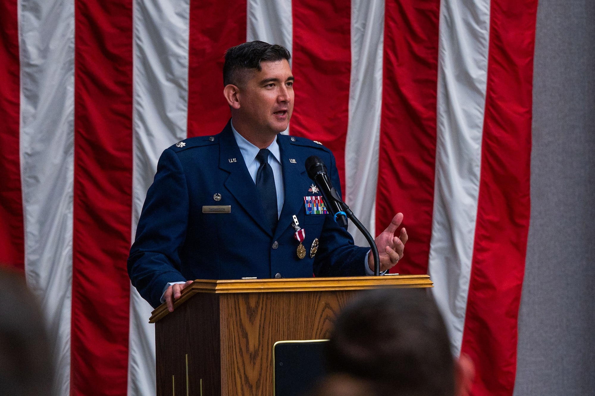 U.S. Space Force Lt. Col. Jason Thompson, outgoing 65th Cyberspace Squadron (65 CYS) commander, gives his final remarks as commander during the 65 CYS change of command ceremony at Vandenberg Space Force Base, Calif., July 21, 2023. (U.S. Space Force photo by Tech. Sgt. Luke Kitterman)