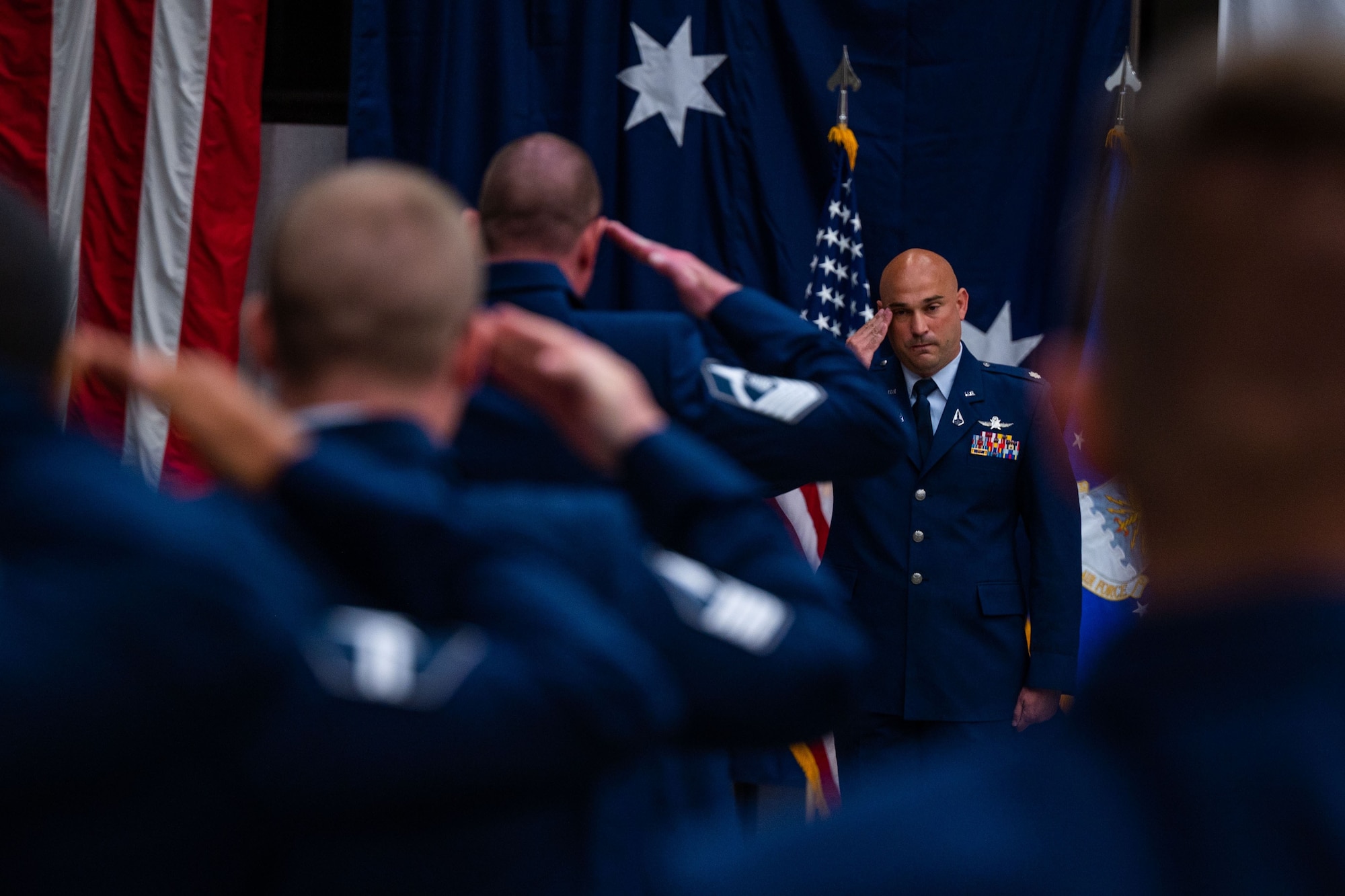 U.S. Space Force Lt. Col. Jacob Majewski, incoming 65th Cyberspace Squadron commander, renders his first salute to his unit as commander during a change of command ceremony at Vandenberg Space Force Base, Calif., July 21, 2023. (U.S. Space Force photo by Tech. Sgt. Luke Kitterman)