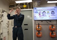 ATLANTIC OCEAN (April 25, 2023) Hospital Corpsman 2nd Class Travis E. Billow trains Sailors how to respond to an eye injury during a Tactical Combat Casualty Care (TCCC) course aboard the Arleigh Burke-class guided-missile destroyer USS Arleigh Burke (DDG 51), April 25, 2023. Arleigh Burke is on a scheduled deployment in the U.S. Naval Forces Europe area of operations, employed by U.S. Sixth Fleet to defend U.S., allied and partner interests. (U.S. Navy photo by Mass Communication Specialist 2nd Class Almagissel Schuring) 230425-N-DE439-1049
