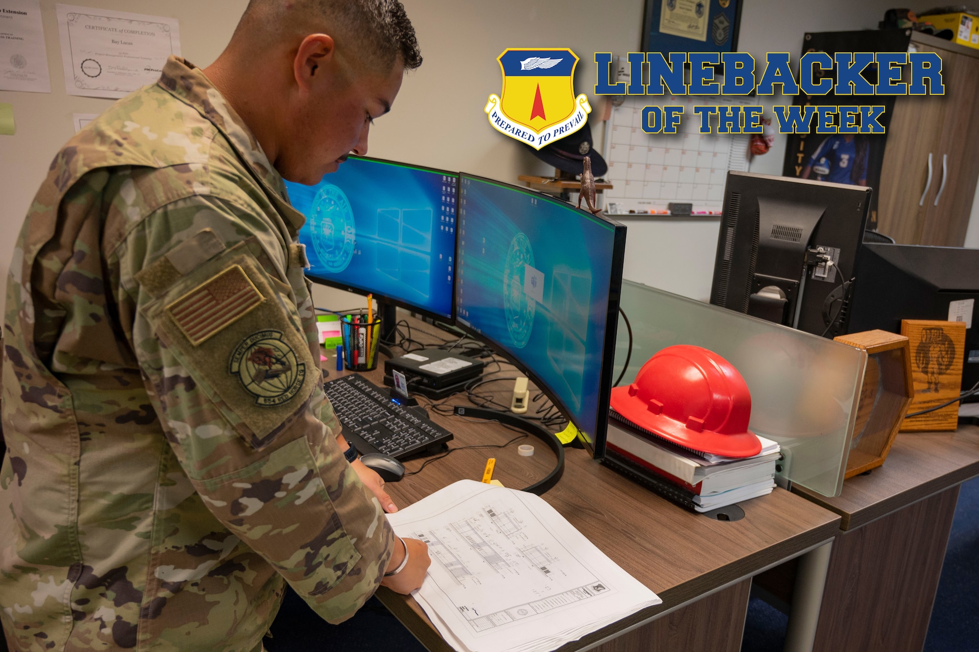 U.S. Air Force Staff Sgt. Abraham Orozco-Zamudio, a heating, ventilation, air conditioning and refrigeration planner assigned to the 554th Rapid Engineer Deployable Heavy Operational Repair Squadron Engineer, reviews plans at the Pacific Regional Training Center - Andersen, Guam, July 19, 2023. The Team Andersen Linebacker of the Week recognizes outstanding enlisted, officer, civilian and total force personnel who have had an impact on achieving Team Andersen’s mission, vision and priorities. (U.S. Air Force photo by Airman 1st Class Emily Saxton)