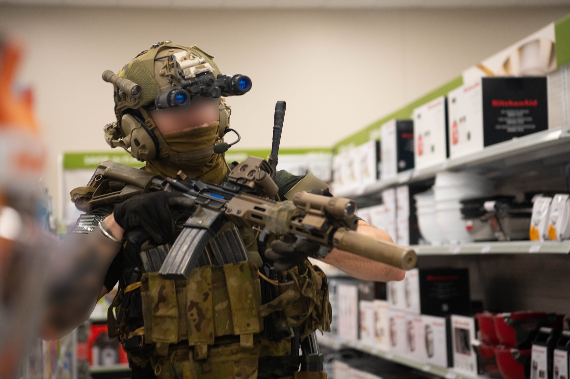A Green Beret and walks down isle.