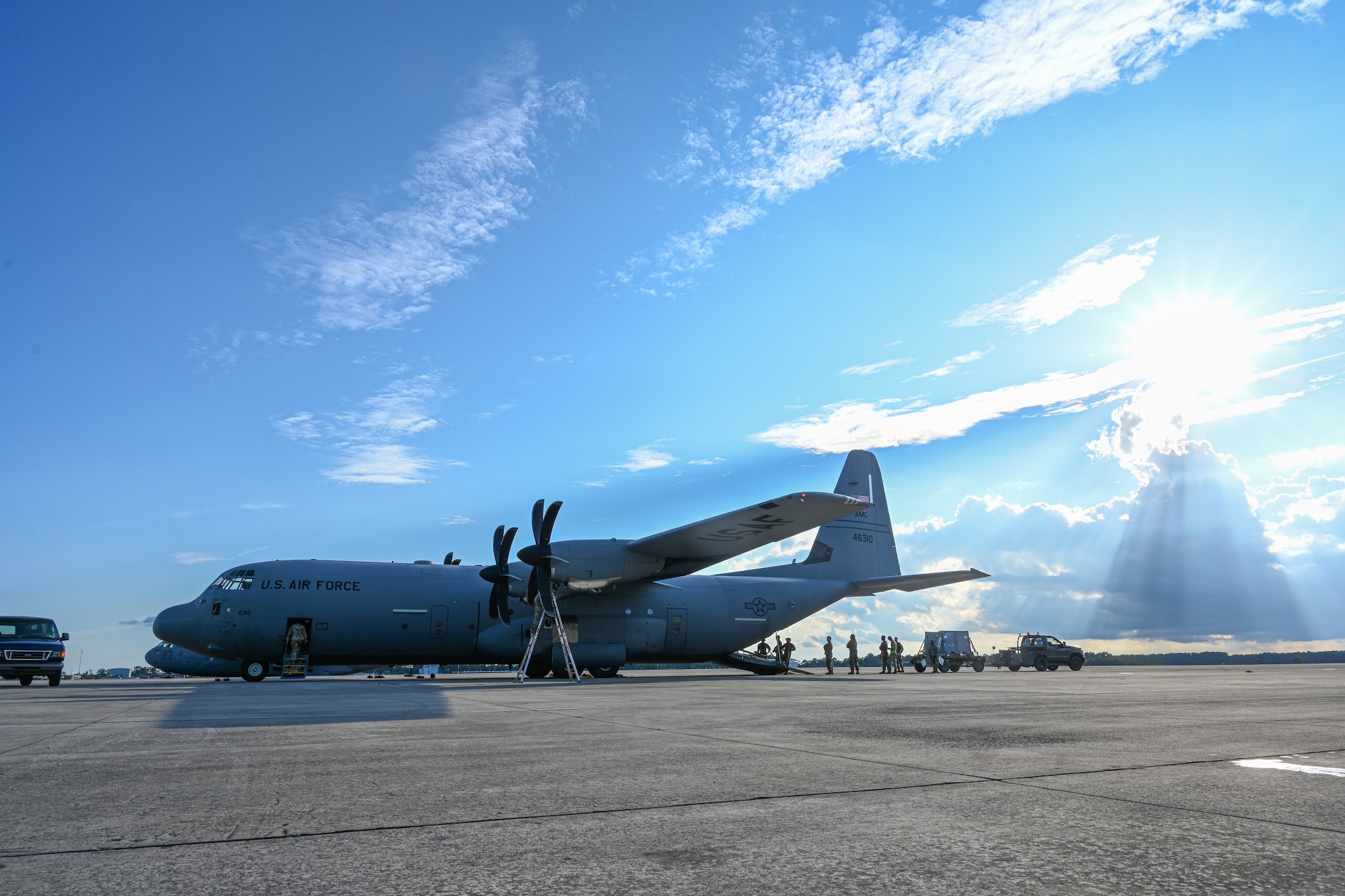 Airmen unload cargo from a C-130J Super Hercules during Razor Talon 23-1 at Marine Corps Air Station Cherry Point, North Carolina, July 24, 2023. RT-23 is an agile combat employment focused exercise, designed to test the 4th Fighter Wing’s ability to operate as a lead wing to generate combat airpower while continuing to move, maneuver, sustain the wing and subordinate force elements in a dynamic contested environment. (U.S. Air Force photo by Staff Sgt. Koby I. Saunders)