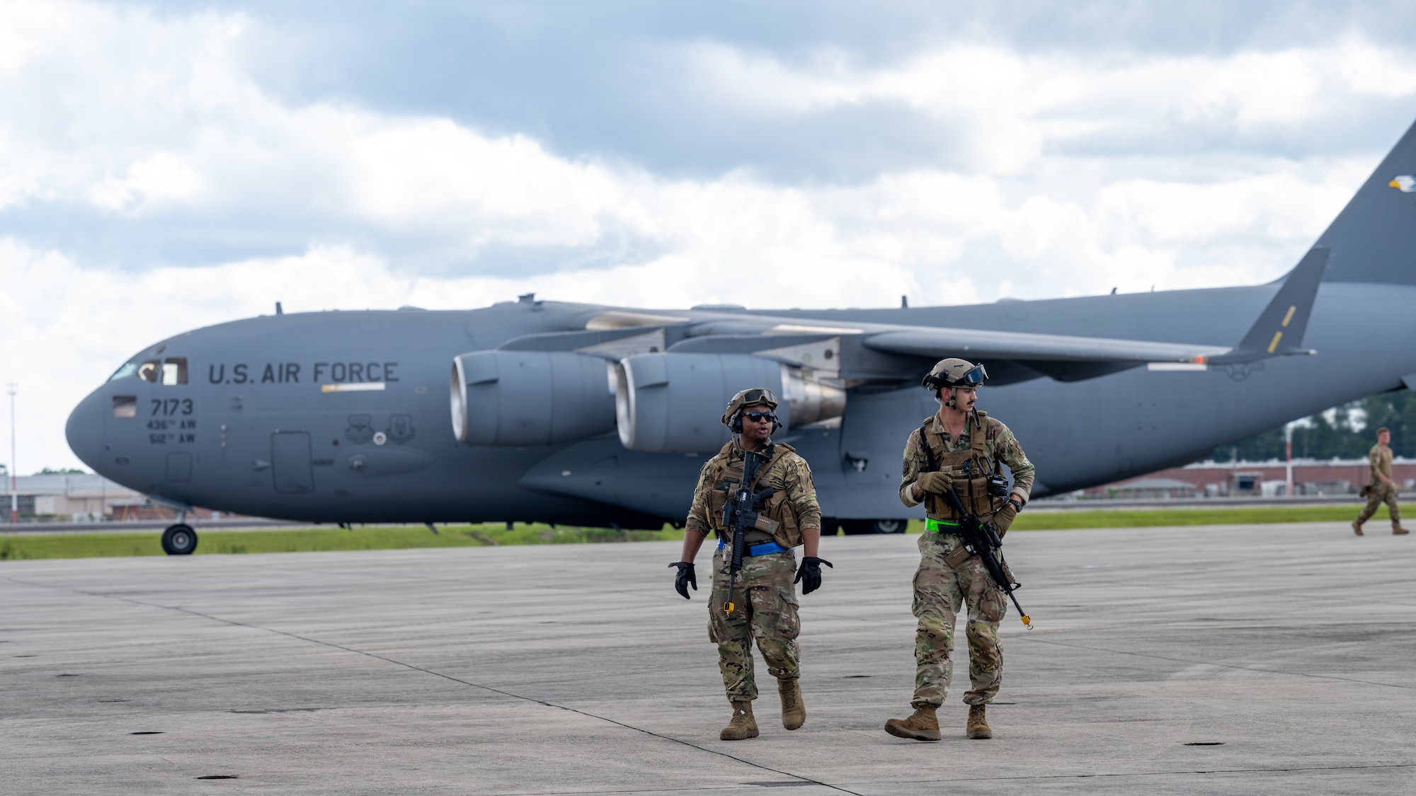 Airmen assigned to the 4th Fighter Wing walk the flightline during Razor Talon 23-1 at Marine Corps Air Station Cherry Point, North Carolina, July 24, 2023. RT-23 is an agile combat employment focused exercise, designed to test the 4th Fighter Wing’s ability to operate as a lead wing to generate combat airpower while continuing to move, maneuver, sustain the wing and subordinate force elements in a dynamic contested environment. (U.S. Air Force photo by Staff Sgt. Koby I. Saunders)