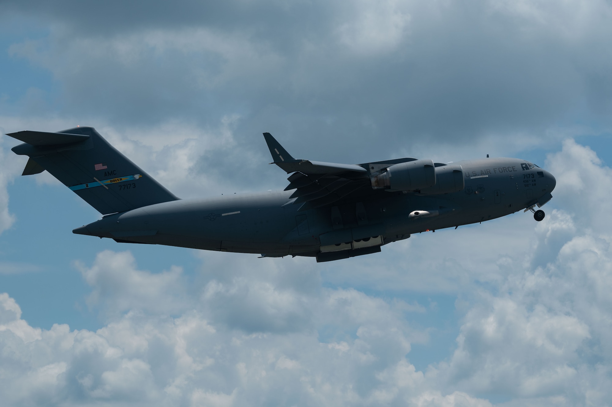 A C-17 Globemaster III assigned to the 436th Airlift Wing, Dover Air Force Base, Delaware, takes off from Seymour Johnson Air Force Base, North Carolina, in support of Razor Talon 2023 July 24, 2023. RT-23 is an agile combat employment focused exercise, designed to test the 4th Fighter Wing’s ability to operate as a lead wing to generate combat airpower while continuing to move, maneuver, sustain the wing and subordinate force elements in a dynamic contested environment. (U.S. Air Force photo by Airman 1st Class Rebecca Sirimarco-Lang)