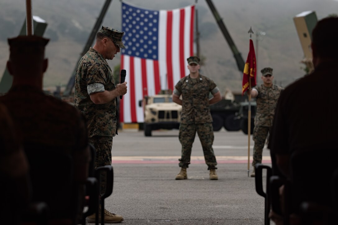 U.S. Marine Corps Col. Patrick Eldridge, the commanding officer of 11th Marine Regiment, 1st Marine Division, gives a speech during the activation ceremony for Long Range Missile Battery A, 11th Marines, at Marine Corps Base Camp Pendleton, California, July 21, 2023. The activation of the battery is a major step in providing 1st MARDIV with additional long range missile and over-the-horizon fire support capabilities. (U.S. Marine Corps photo by Lance Cpl. Migel A. Reynosa)