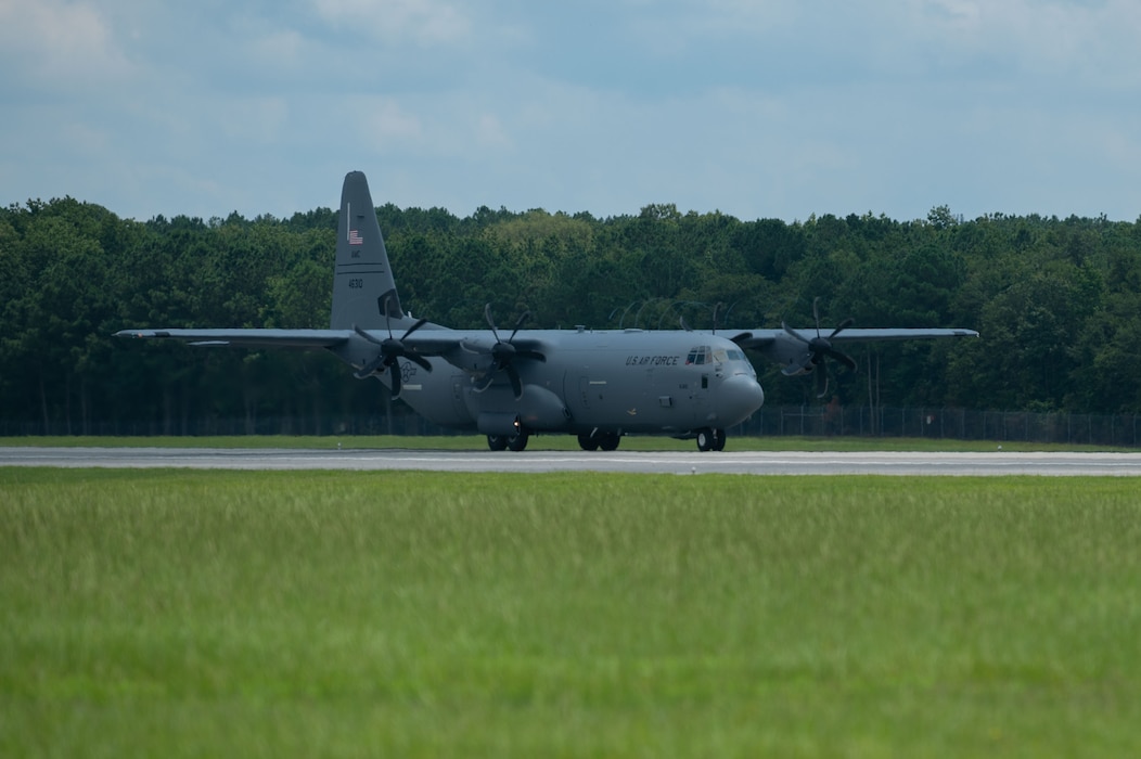 A C-130J Super Hercules assigned to the 19th Airlift Wing, Little Rock Air Force Base, Arkansas, takes off in support of Razor Talon 2023 at Seymour Johnson Air Force Base, North Carolina, July 24, 2023. RT-23 is an Agile Combat Employment exercise, focusing on executing interservice “hub and spoke” operations from several locations to improve interoperability and combat capabilities between the U.S. Army, Marine Corps, Air Force and NATO military forces. (U.S. Air Force photo by Airman 1st Class Rebecca Sirimarco-Lang)