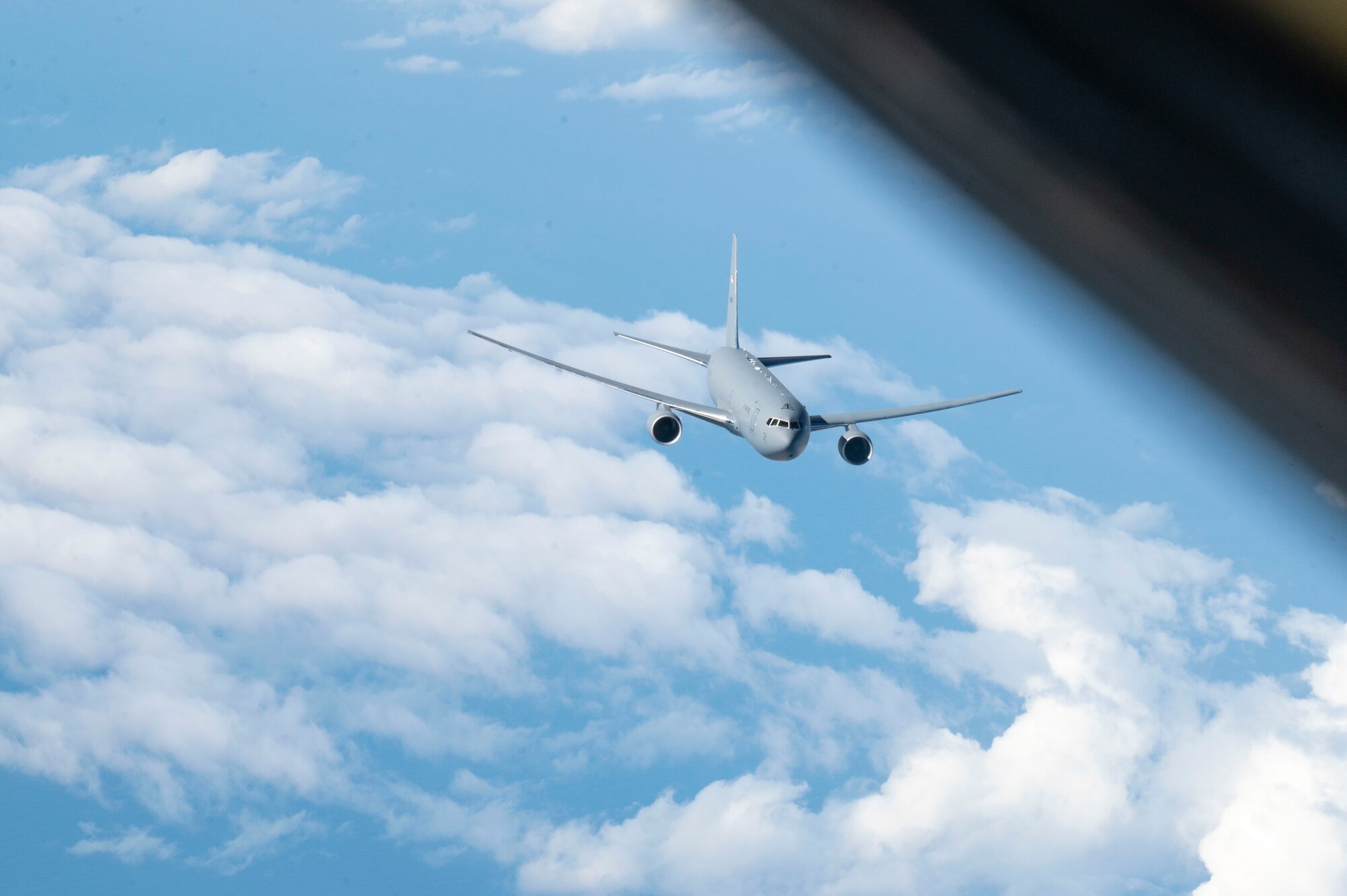 A U.S. Air Force KC-135 Stratotanker prepares to refuel a KC-46 Pegasus during Mobility Guardian 23 over the Indo-Pacific region, July 14, 2023. 3,000 personnel directly supported the large-scale mobility exercise, which provided the maneuver of more than 15,000 U.S. and international forces associated with other exercises across the Indo-Pacific held in the same timeframe. (U.S. Air Force photo by Tech. Sgt. Heather Clements)