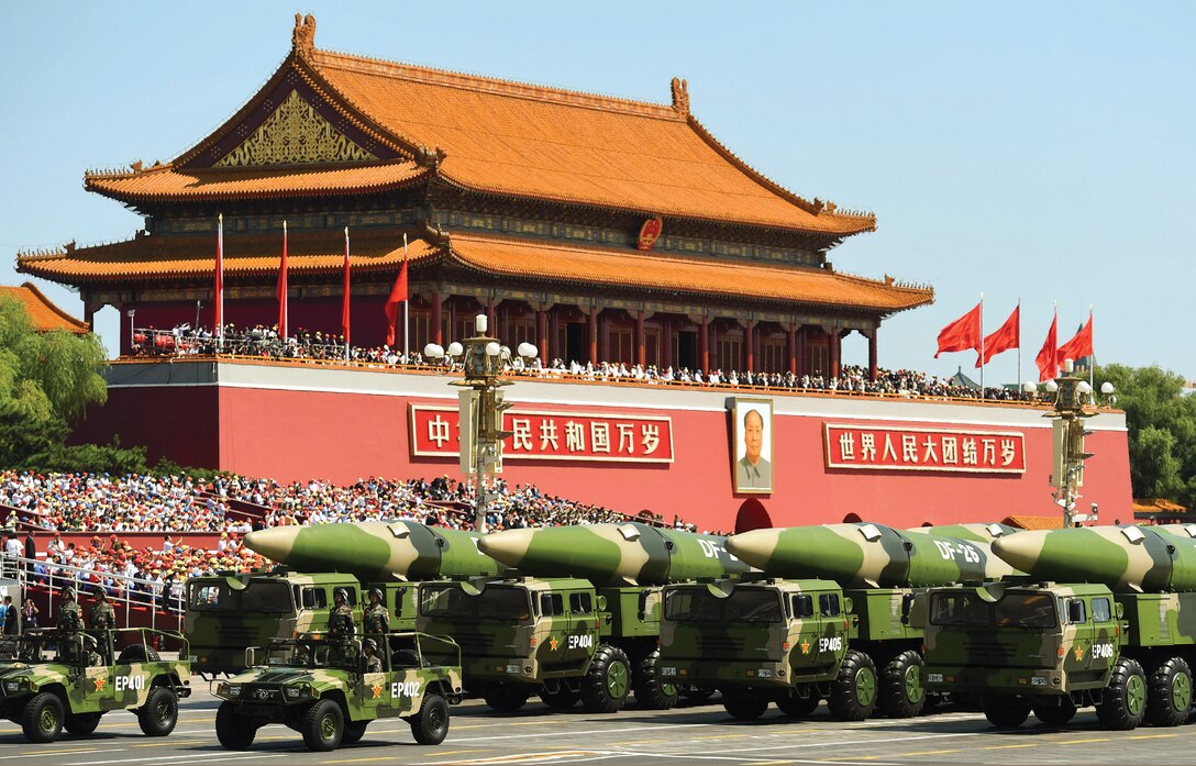 DF-26 intermediate-range ballistic missiles on display at military parade in Beijing