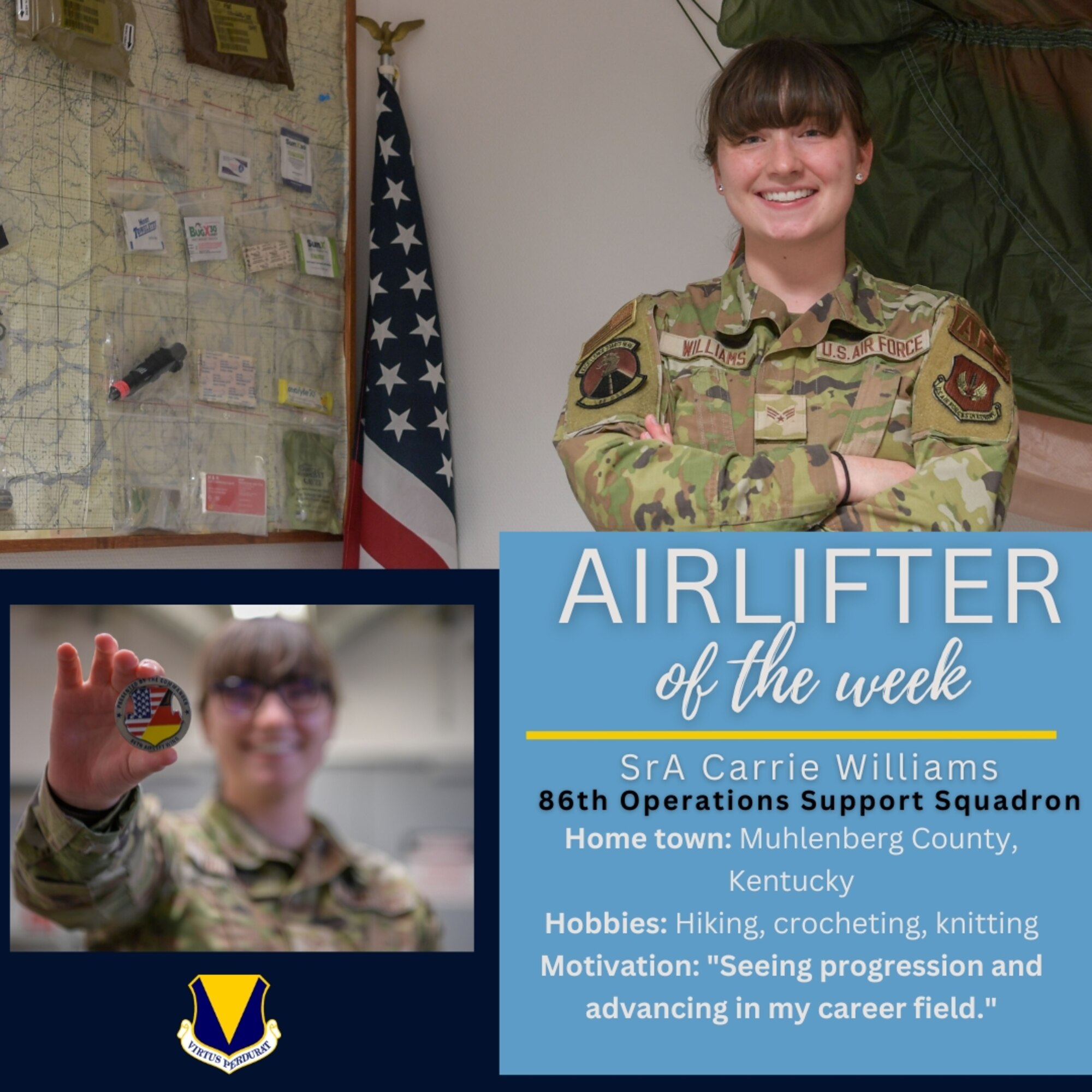 Graphic depicts U.S. Air Force Senior Airman Carrie Williams holding a coin and posing for a photo.