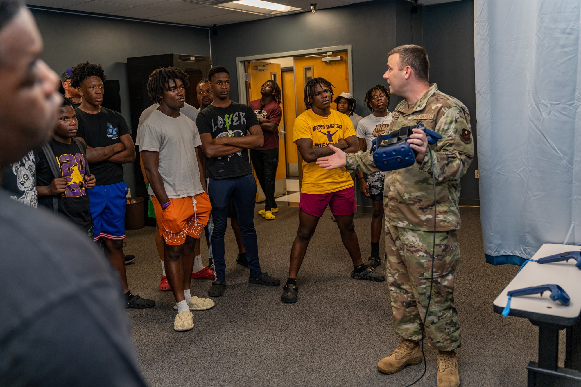 U.S. Air Force Tech Sgt. Shaun Roland, 335th Training Squadron weather instructor, briefs Columbus High School students at the Weather Training Complex on Keesler Air Force Base, Mississippi, July 17, 2023.