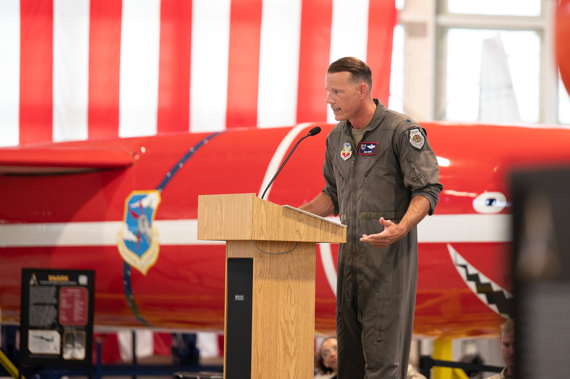 Lt. Col. Nick Pettit, commander, 1st Air Force, Detachment 3, addresses the crowd during a change of command ceremony, July 20, 2023 at Patrick Space Force Base, Fla.