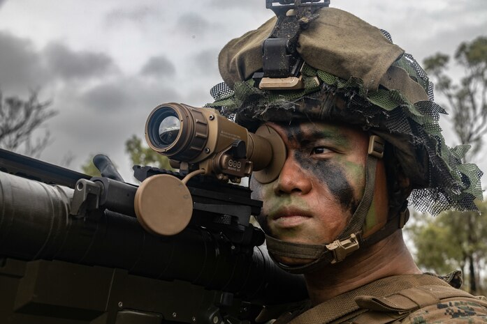 U.S. Marine Corps Cpl. Simon Li, a low altitude air defense gunner with Marine Medium Tiltrotor Squadron 265 (Rein.), 31st Marine Expeditionary Unit, aims a FIM-92E stinger missile system during a forward arming and refueling point exercise at Shoalwater Bay Training Area, Australia, July 4, 2023. Marines with 2nd LAAD provided a defensive posture for the FARP from aerial threats as part of an expeditionary advanced base of operations. The 31st MEU is operating aboard ships of the America Amphibious Ready Group in the 7th Fleet area of operations to enhance interoperability with allies and partners and serve as a ready response force to defend peace and stability in the Indo-Pacific region.