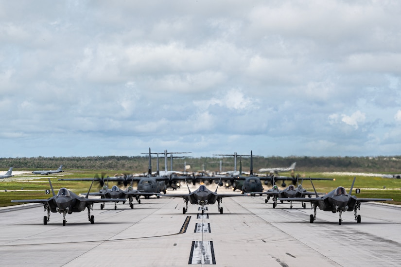 U.S. and Allied aircraft conduct an elephant walk on Andersen Air Force Base, Guam, July 19, 2023.