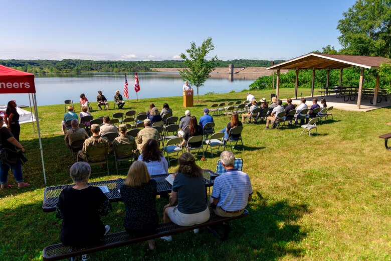 Community leaders, Corps of Engineers employees and members of the public gather on a summer morning to celebrate Woodcock Creek Dam’s 50th anniversary in Saegertown, Pennsylvania, July 14, 2023. The corps built Woodcock Creek Dam to reduce floods along the French Creek, saving communities such as Saegertown and Meadville from catastrophic flooding year after year and has prevented more than $38 million in flood damages since its construction in 1973. (U.S. Army Corps of Engineers Pittsburgh District photo by Andrew Byrne)