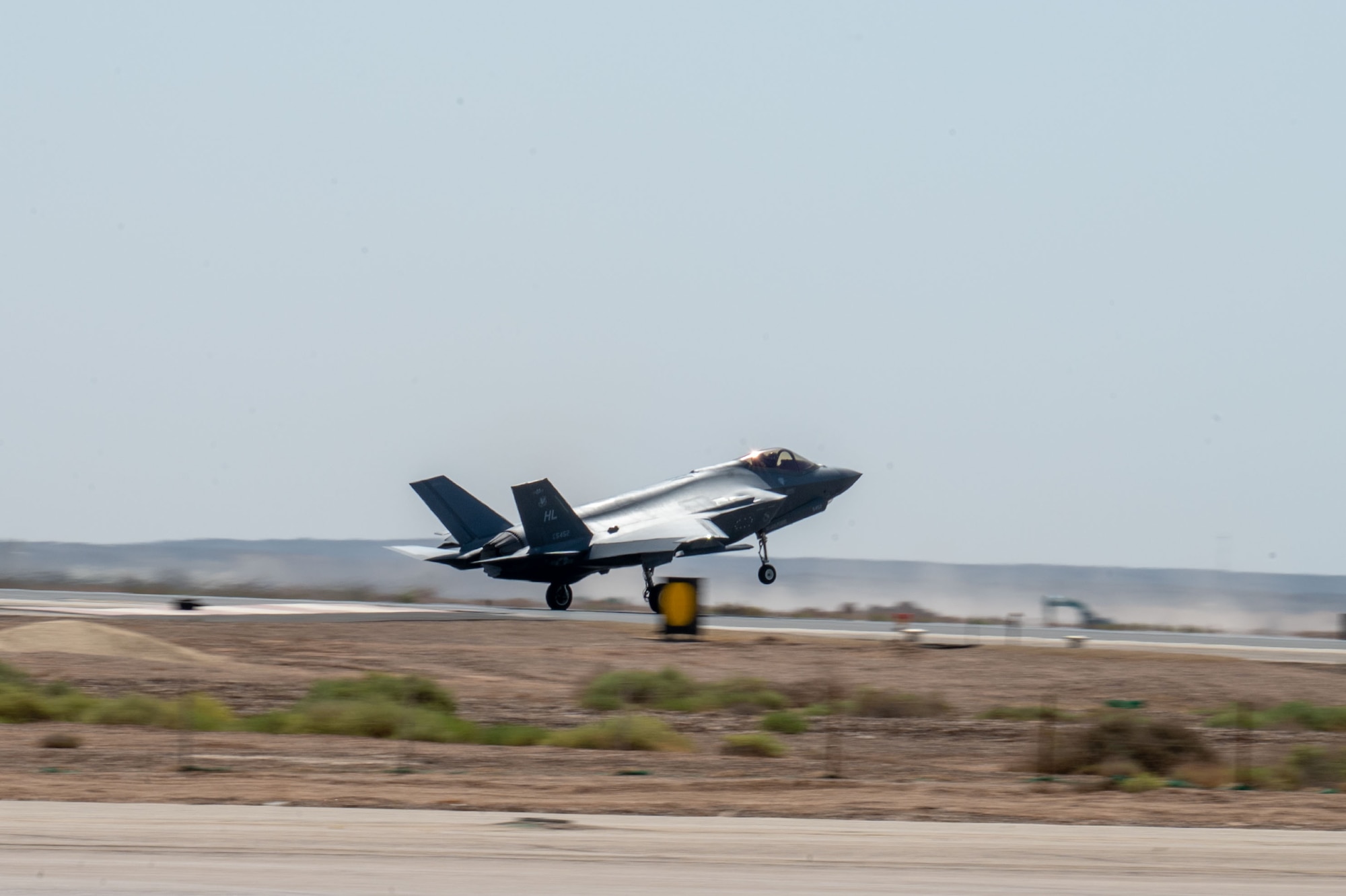 An U.S. Air Force F-35A Lightning II aircraft assigned to the 421st Expeditionary Fighter Squadron lands in the U.S. Central Command area of responsibility July 25, 2023. U.S. Air Force F-35’s have deployed to the U.S. Central Command Area of Responsibility to help defend U.S. interests, promote regional security and safeguard freedom of navigation. (U.S. Air Force photo by Staff Sgt. Christopher Sommers)