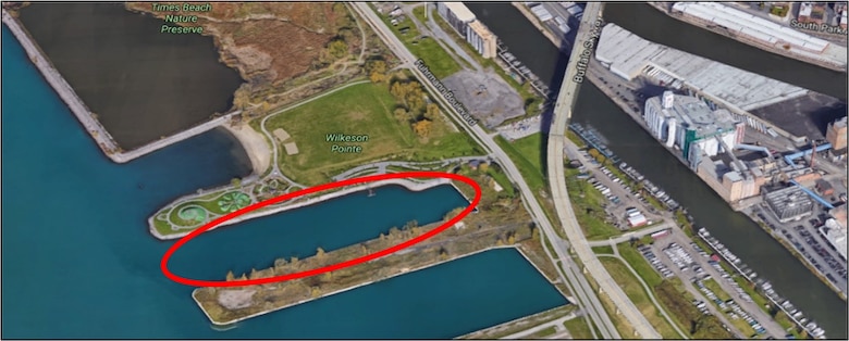 An aerial perspective of plans for creation of a new wetland ecosystem using dredged material.
