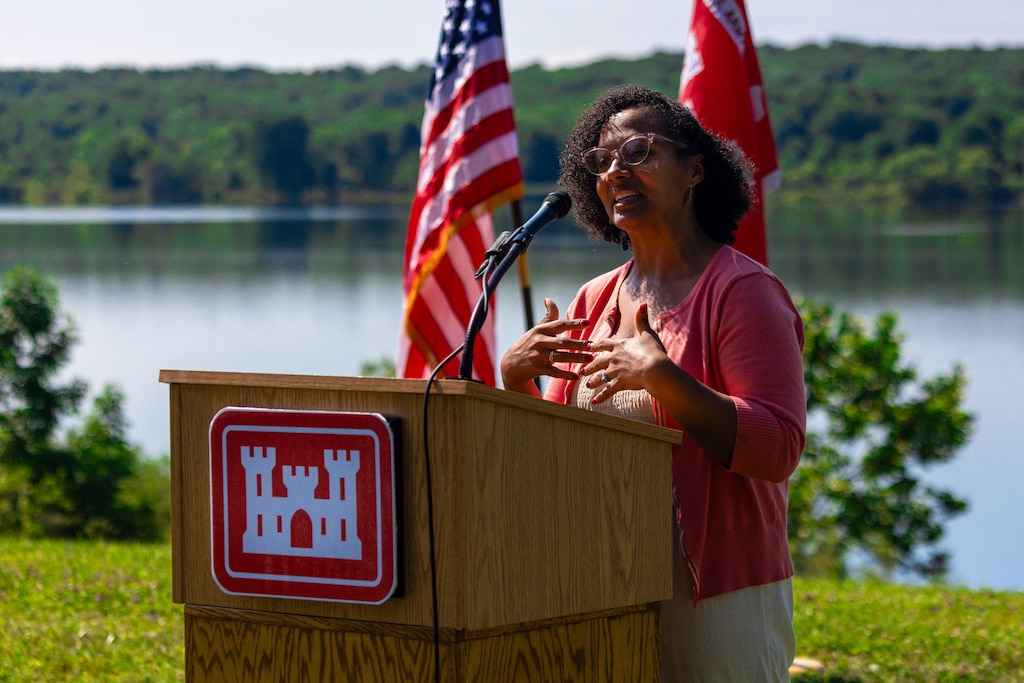 Meadville Mayor Jaime Kinder gives a speech during Woodcock Creek Lake’s golden jubilee celebration in Saegertown, Pennsylvania, July 14, 2023. Community leaders and Corps of Engineers employees gathered on a summer morning to celebrate Woodcock Creek Dam’s 50th anniversary. The corps built Woodcock Creek Dam to reduce floods along the French Creek, saving communities such as Saegertown and Meadville from catastrophic flooding year after year and has prevented more than $38 million in flood damages since its construction in 1973. (U.S. Army Corps of Engineers Pittsburgh District photo by Andrew Byrne)