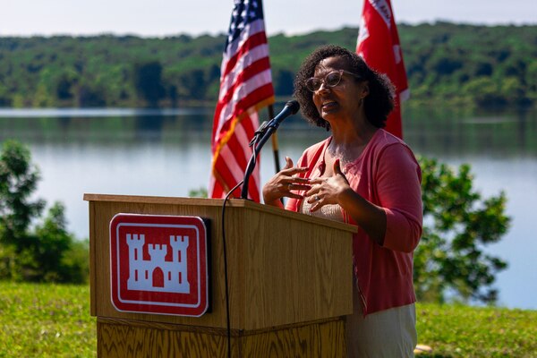Meadville Mayor Jaime Kinder gives a speech during Woodcock Creek Lake’s golden jubilee celebration in Saegertown, Pennsylvania, July 14, 2023. Community leaders and Corps of Engineers employees gathered on a summer morning to celebrate Woodcock Creek Dam’s 50th anniversary. The corps built Woodcock Creek Dam to reduce floods along the French Creek, saving communities such as Saegertown and Meadville from catastrophic flooding year after year and has prevented more than $38 million in flood damages since its construction in 1973. (U.S. Army Corps of Engineers Pittsburgh District photo by Andrew Byrne)