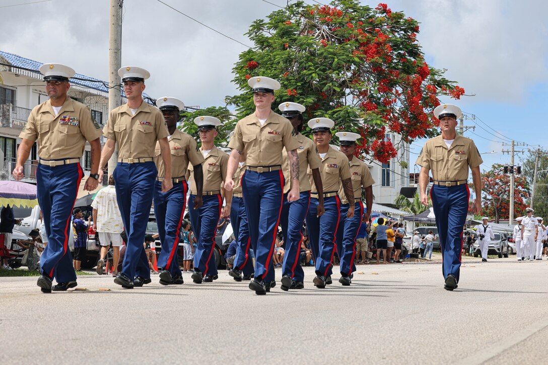 U.S. Marines assigned to Marine Corps Base Camp Blaz, participate in Saipan’s 77th Liberation Day parade held in Garapan, Saipan, July 4, 2023. Marines with the 2nd Marine Division, 4th Marine Division, and the Army’s 27th Infantry Division, participated in the Battle of Saipan lasting for 24 days from June 15 to July 9, 1944. Saipan’s Liberation Day commemorates the permanent closure of civilian internment camps on July 4, 1946. (U.S. Marine Corps photo by Gunnery Sgt. Rubin J. Tan)