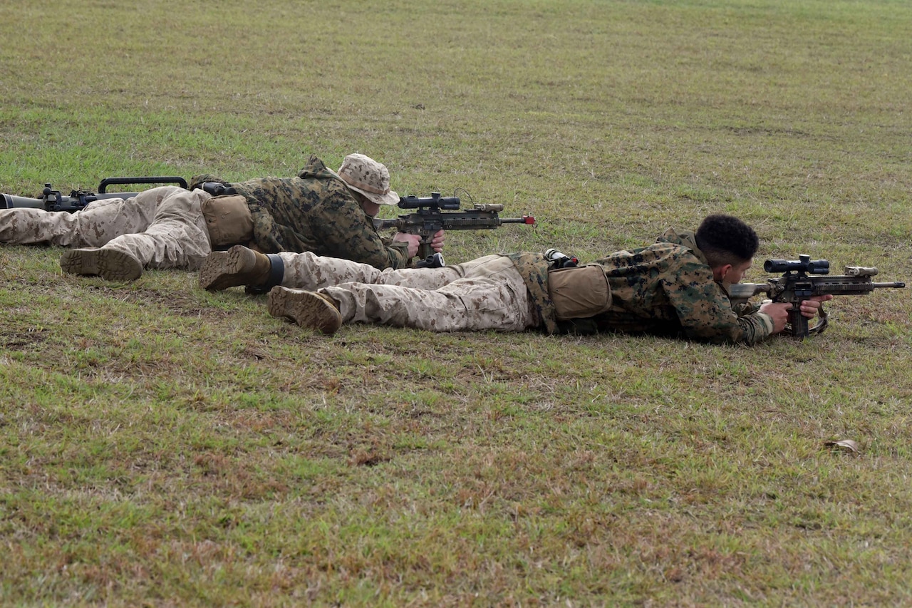 Two Marines point their weapons as they lie on their stomachs in the grass.