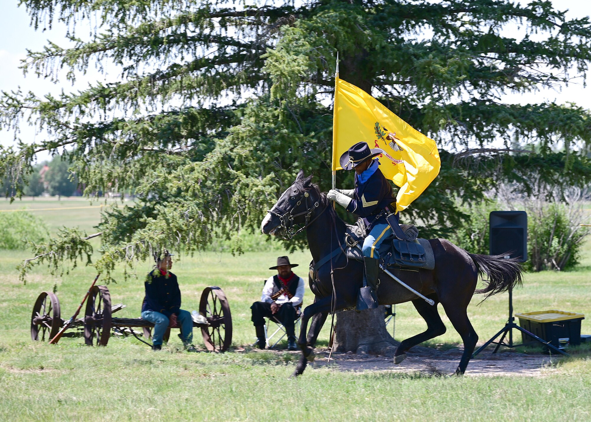man on horseback carrying flag