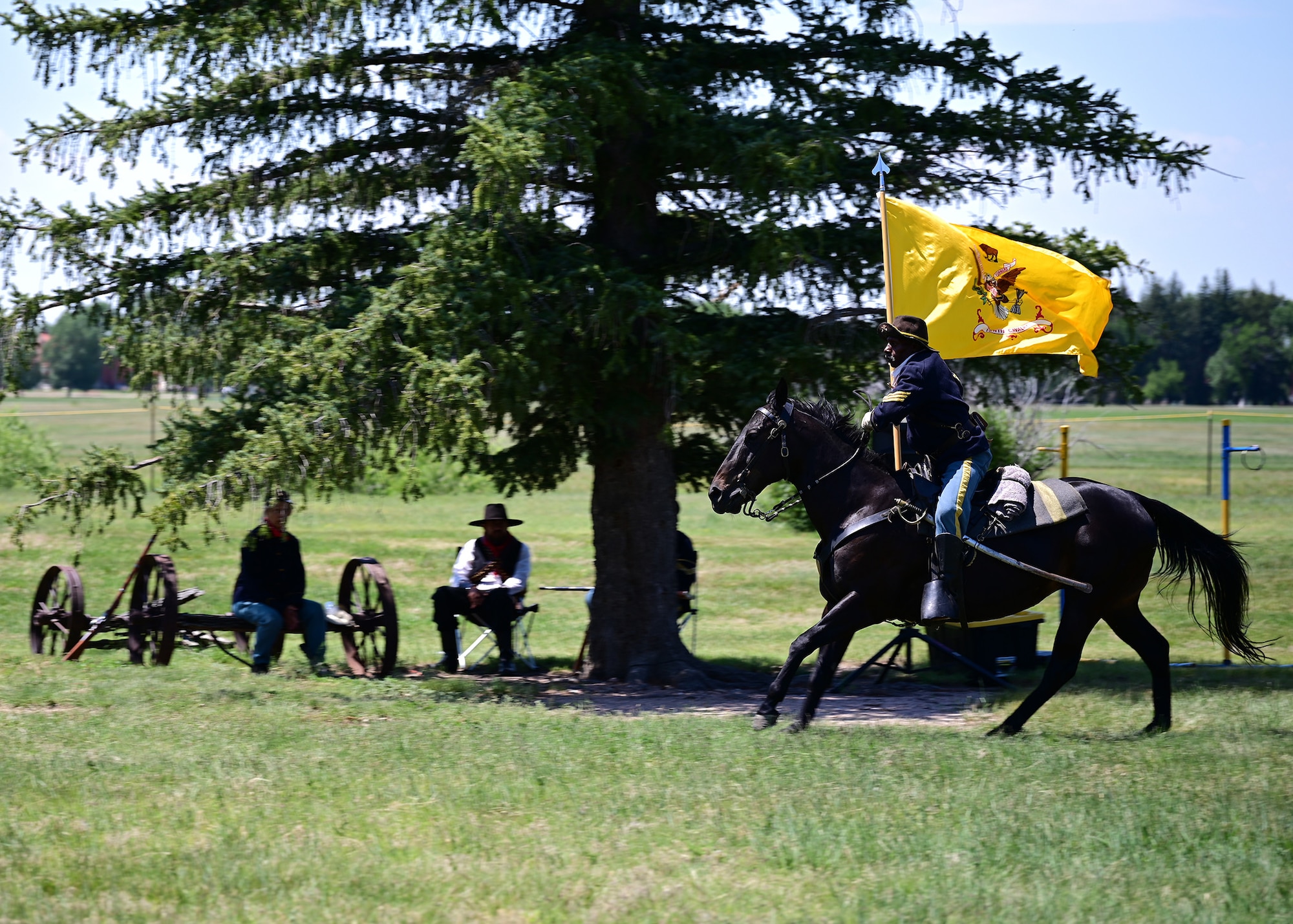 man on horseback carrying flag