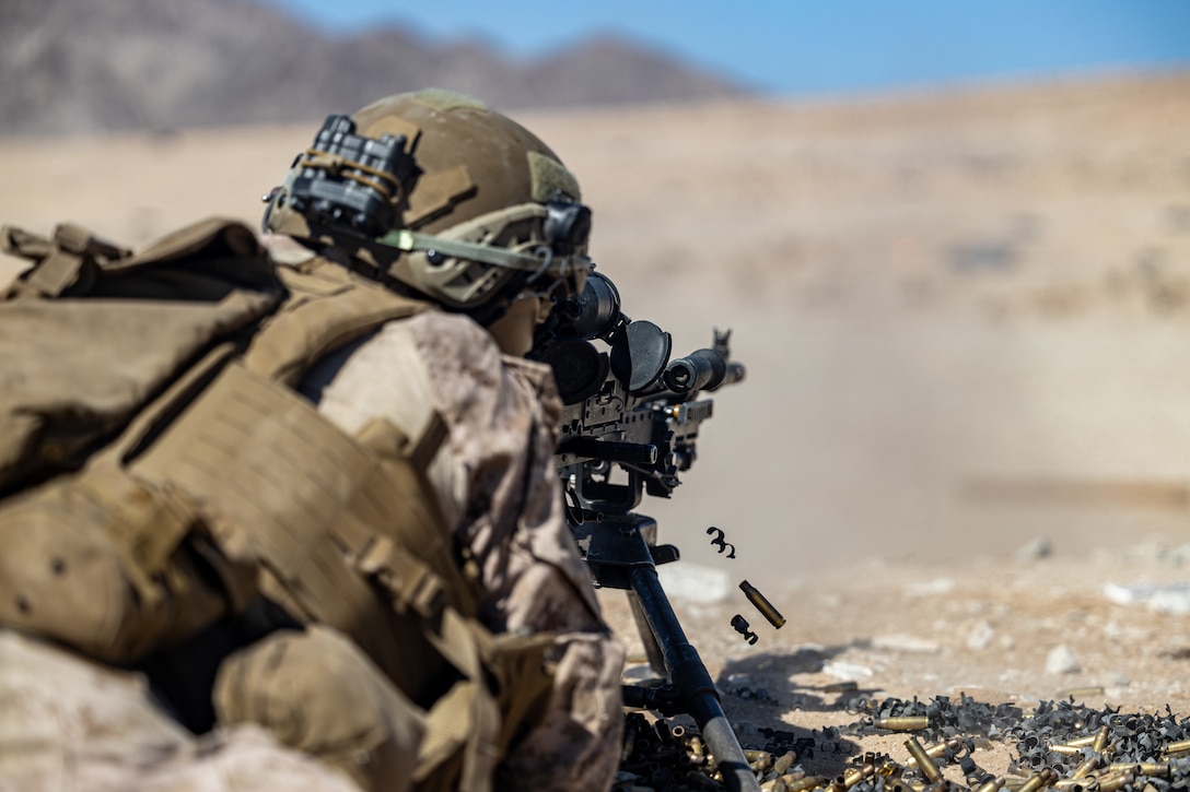 U.S. Marine Corps Lance Cpl. William Sorrows, a Lula, Georgia native and anti tank missile gunner with 2d Battalion, 8th Marines, 2d Marine Regiment, 2d Marine Division, awaits further instructions during a live fire range as a part of a Service Level Training Exercise (SLTE) on Marine Corps Air-Ground Combat Center, Twentynine Palms, California, July 21, 2023. The SLTE is a series of exercises designed to prepare Marines for future operations around the globe and to enhance the combat readiness for all elements of the Marine Air Ground Task Force. (U.S. Marine Corps photo by Lance. Joshua Kumakaw)