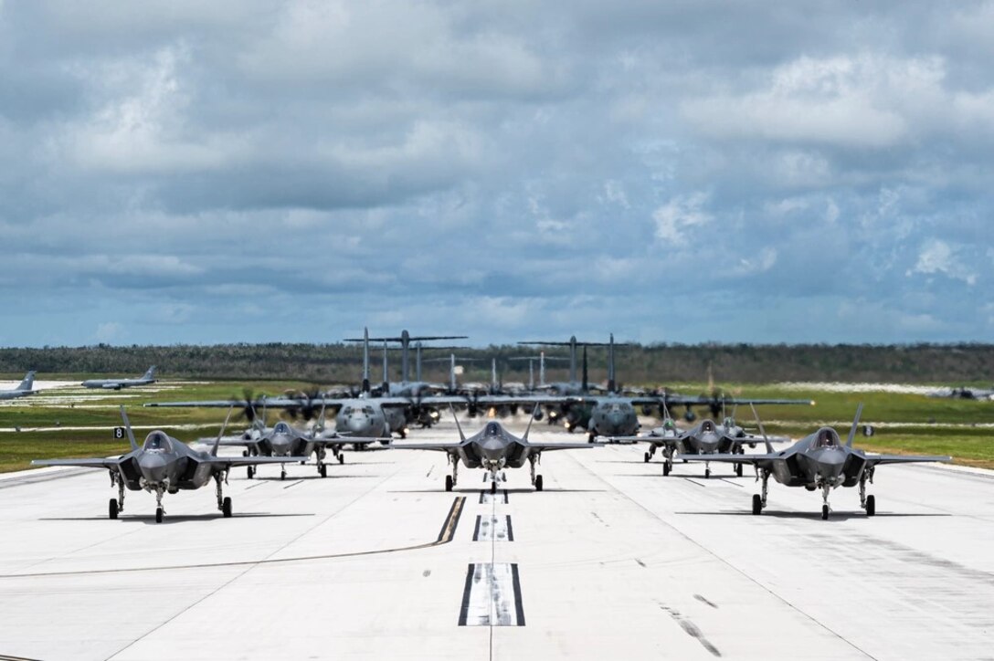 U.S. and Allied aircraft conduct an elephant walk on Andersen Air Force Base, Guam, July 19, 2023.