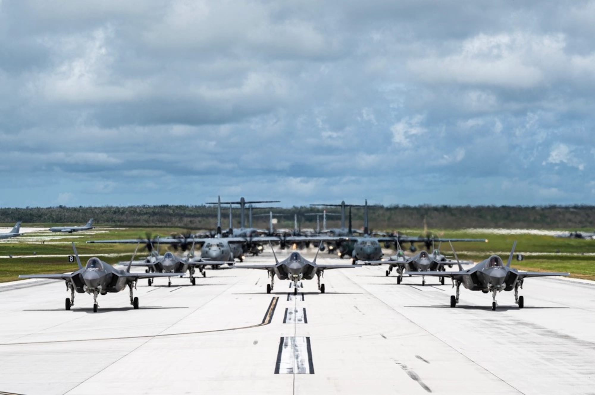 U.S. and Allied aircraft conduct an elephant walk on Andersen Air Force Base, Guam, July 19, 2023.