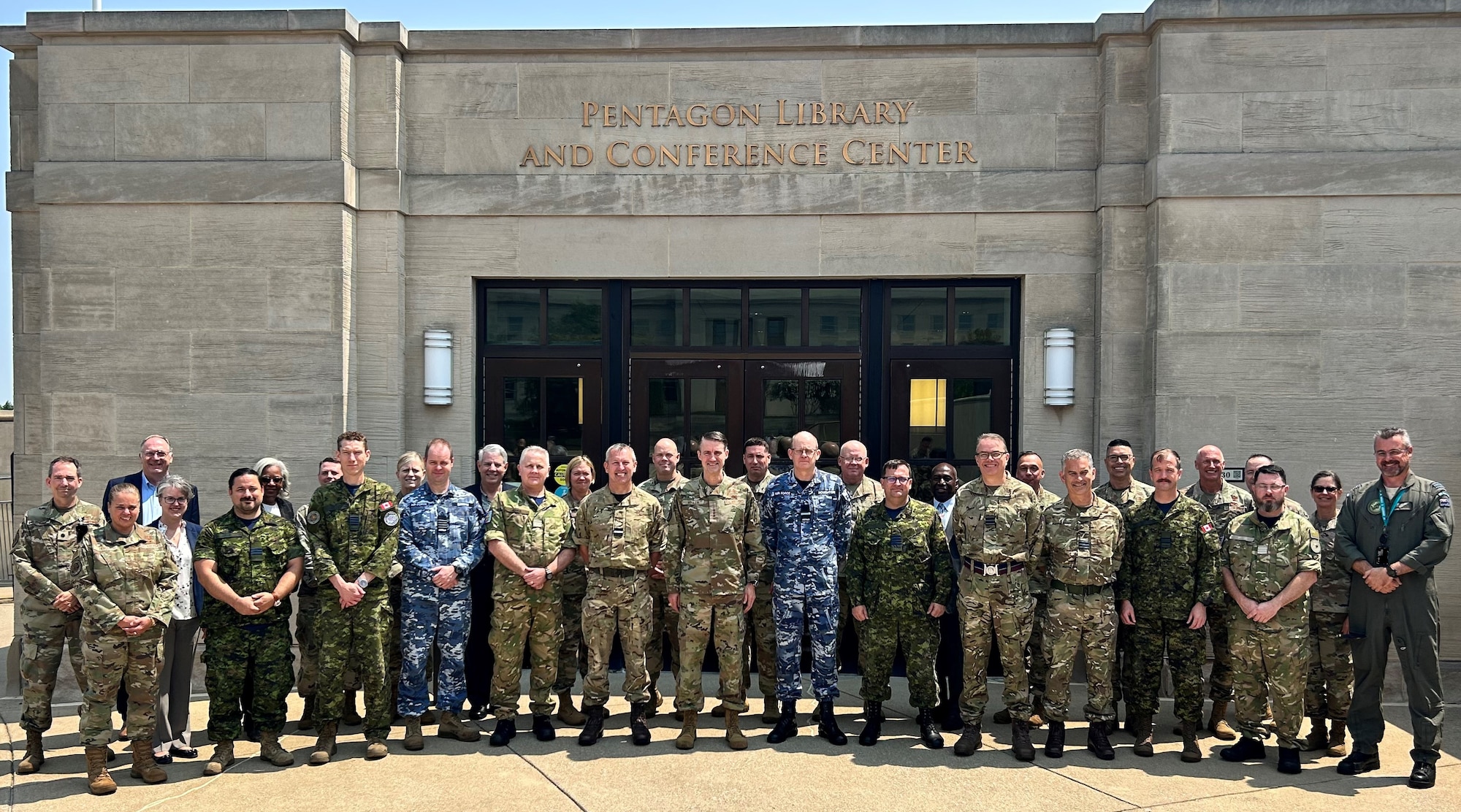 U.S. Air Force Lt. Gen. Tom Miller, center, deputy chief of staff for Logistics, Engineering and Force Protection, poses with counterparts from the Royal Air Force, Royal Australian Air Force, Royal New Zealand Air Force and Canadian Air Force during a meeting at the Pentagon Library and Conference Center, Arlington, Va., July 11, 2023. (Courtesy photo)