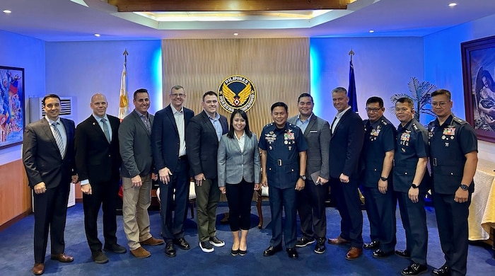 Air War College Regional Securities Studies cohort visited the Philippine Air Force Headquarters with Brig. Gen. Fabian M. Pedregosa, Philippine Air Forces Chief of Staff, accompanied by Tagalog Language Enabled Airman Program Scholar Capt. Piara Swank. (Courtesy photo)