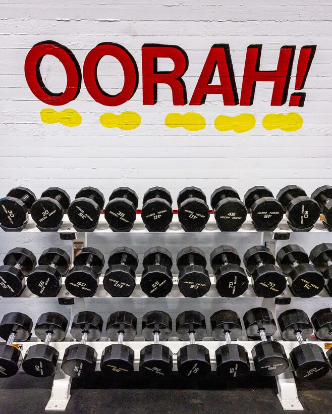 The Marines' battle cry "OORAH!" now adorns the gym area inside Capt. Patrick M. Rapicault Hall, at Puget Sound Naval Shipyard & Intermediate Maintenance Facility, in Bremerton, Washington. (U.S. Navy photo by Wendy Hallmark)