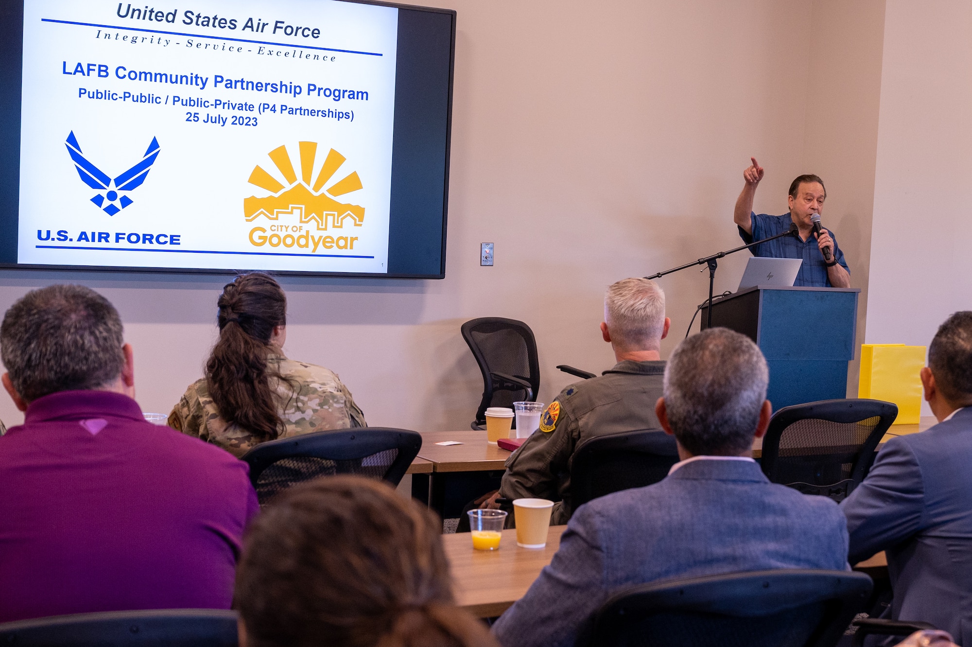 Joe Pizzillo, mayor of Goodyear, speaks to members of the Air Force Community Partnership Program on July 25, 2023, at the Goodyear City Hall in Goodyear, Arizona.