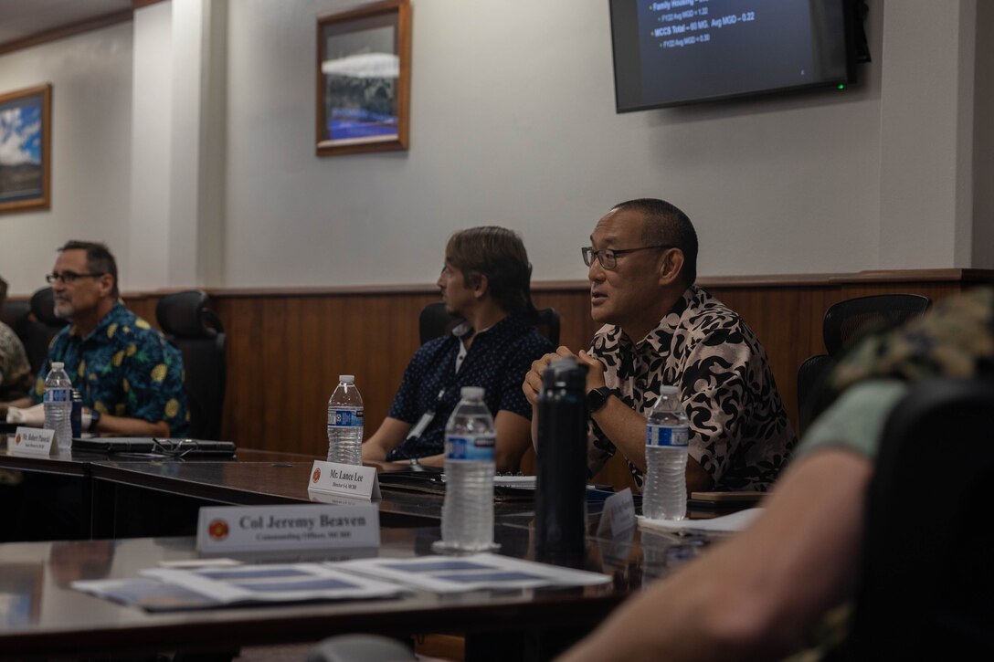 U.S. Marine Corps Col. Jeremy Beaven, commanding officer, Marine Corps Base Hawaii, and staff, meet with Board of Water Supply representatives, MCBH, July 18, 2023. The purpose of the visit was to identify necessary improvements and balance needs and costs to provide safe, dependable and affordable water to MCBH. (U.S. Marine Corps photo by Lance Cpl. Clayton Baker)