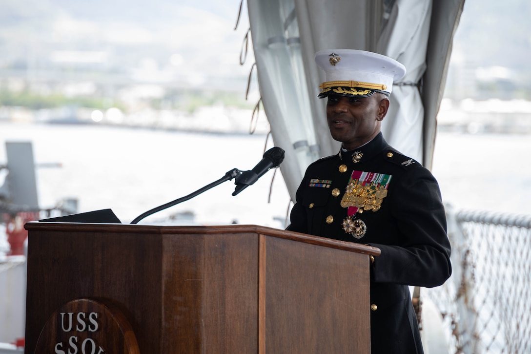 U.S. Marine Corps Col. Stacey Taylor, G-1 assistant chief of staff, U.S. Marine Corps Forces, Pacific, makes remarks during his retirement ceremony aboard the USS Missouri, July 21, 2023. During the ceremony, Col. Taylor was awarded the Legion of Merit for his 30 years of honorable service. (U.S. Marine Corps photo by Cpl Dillon Buck)
