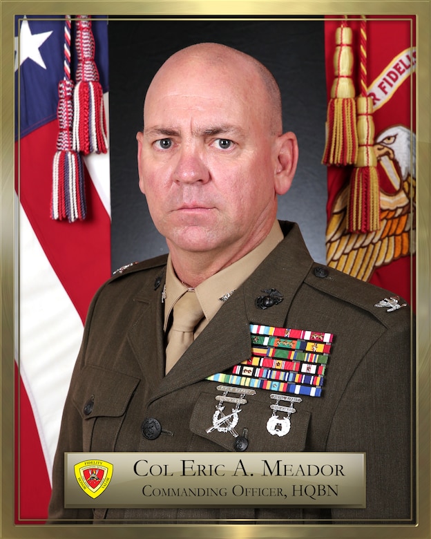 Colonel E. A. Meador entered the Marine Corps in January 1991 completing training at Marine Corps Recruit Depot Parris Island. He was accepted into Officer Candidate School and commissioned as a Second Lieutenant in Dec 1999 followed by completion of The Basic School and the Infantry Officer Course.