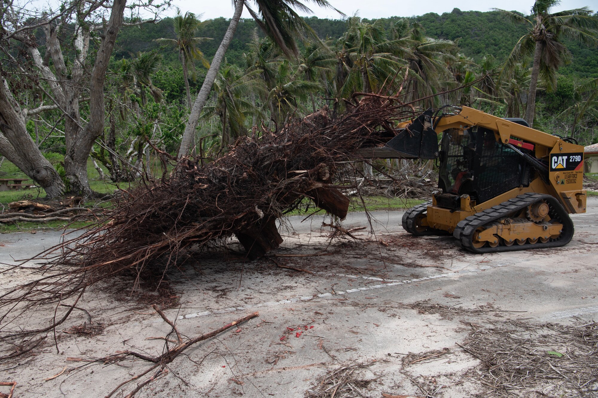An Airman uses a compact track loader to lift large tree roots.