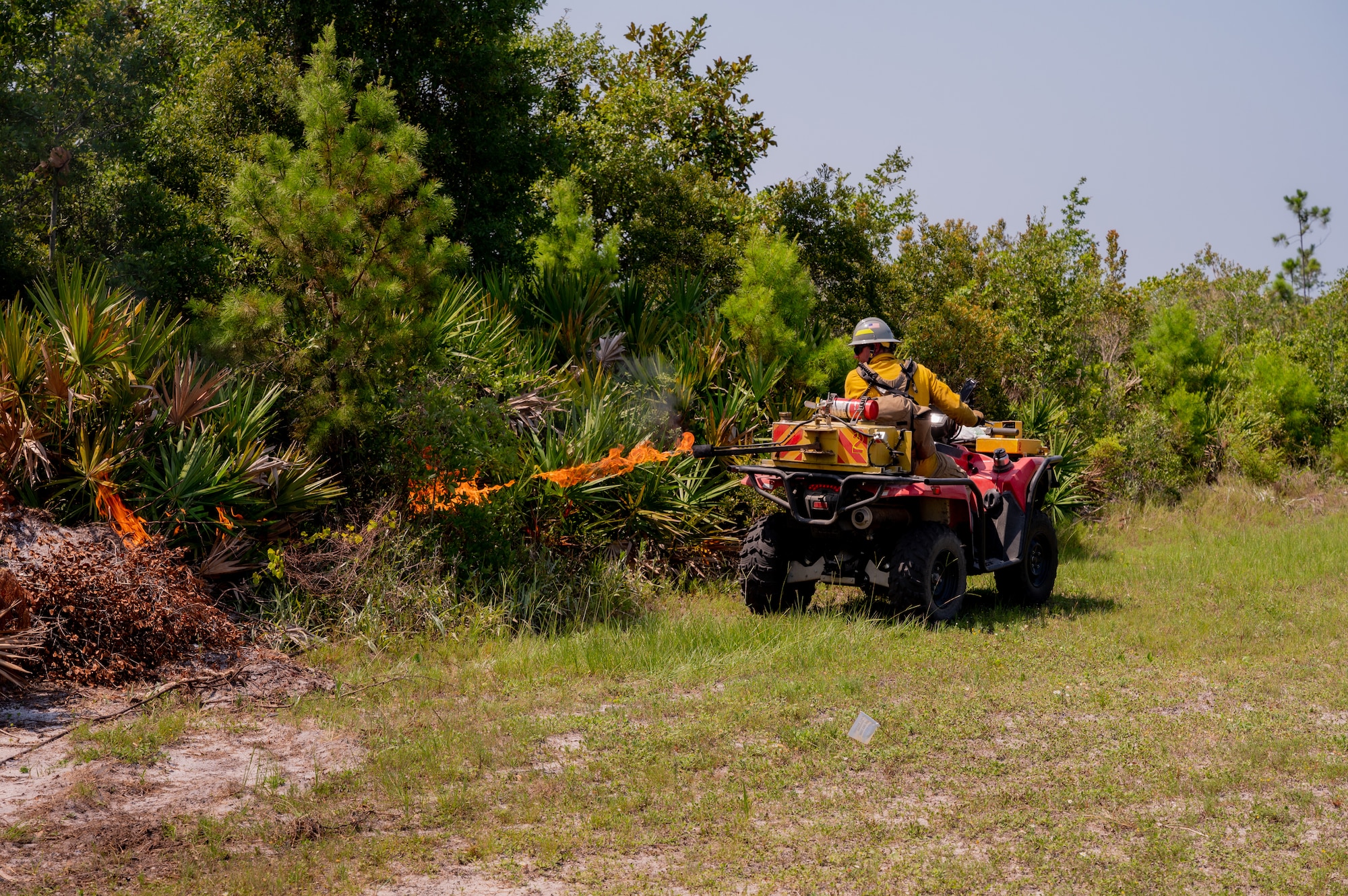 A person lights brush on fire