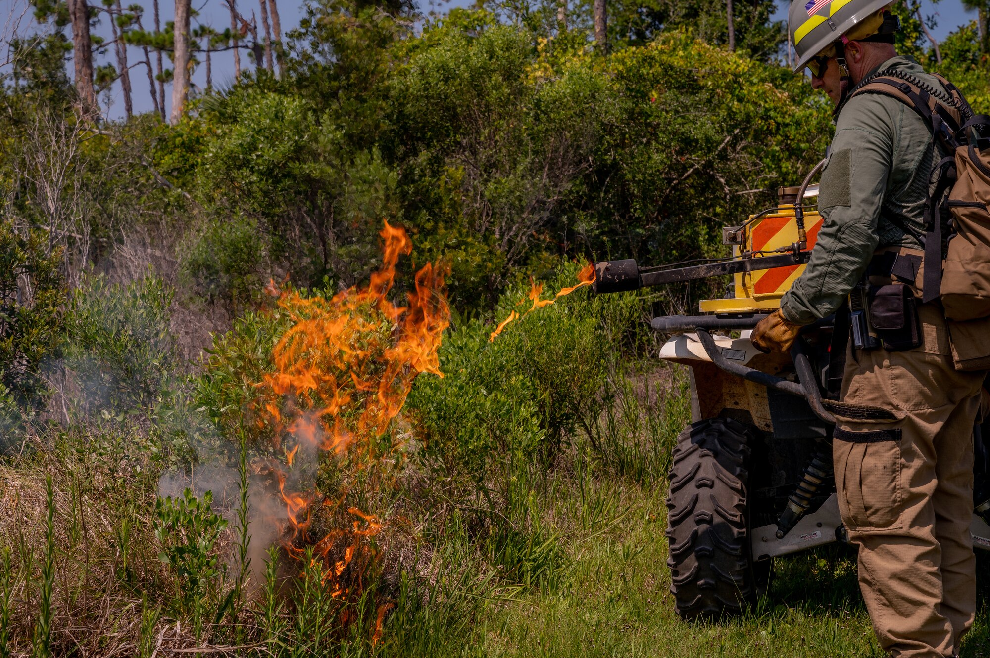 A person lights brush on fire