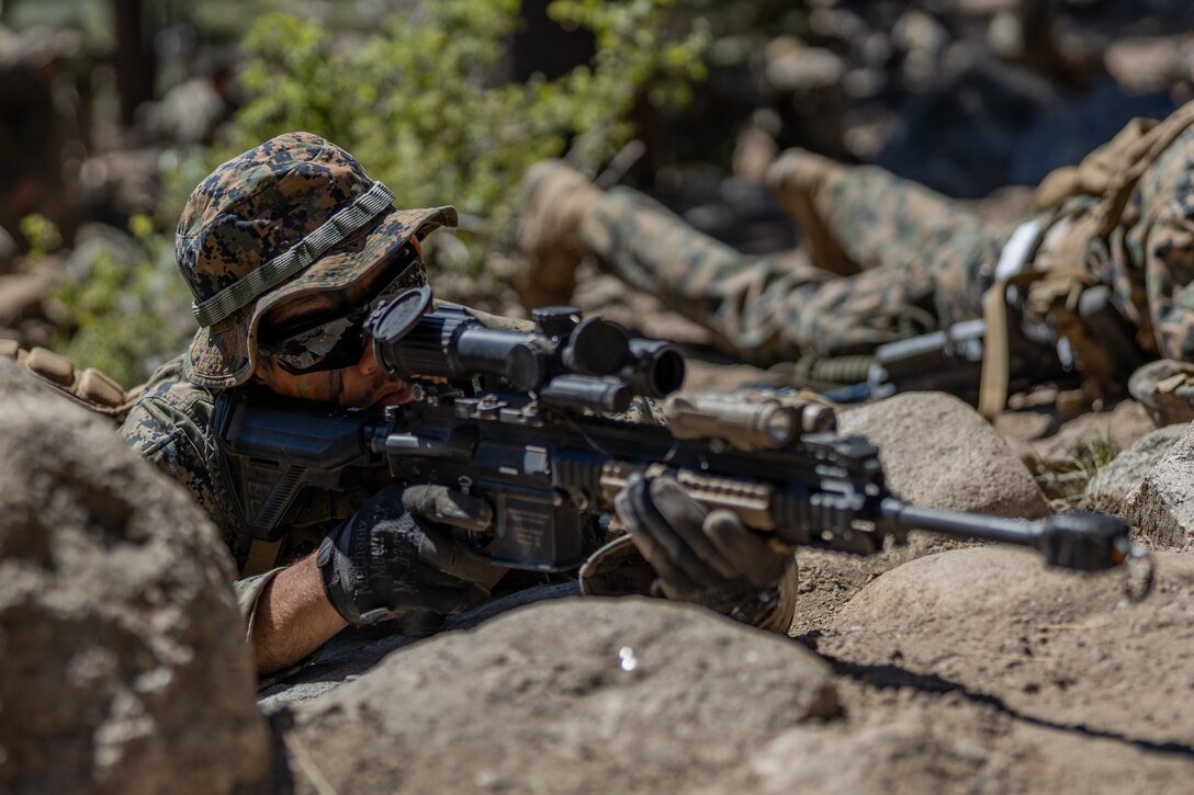 A rifleman with 2nd Battalion, 23rd Marine Regiment, 4th Marine Division, provides security during the Mountain Exercise