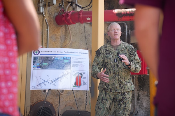 Joint Task Force-Red Hill (JTF-RH) Commander, U.S. Navy Vice Adm. John Wade briefs representatives from Hawaii state government agencies and the Hawaii House of Representatives during a tour of the Red Hill Bulk Fuel Storage Facility (RHBFSF), Halawa, Hawaii, July 27, 2023.